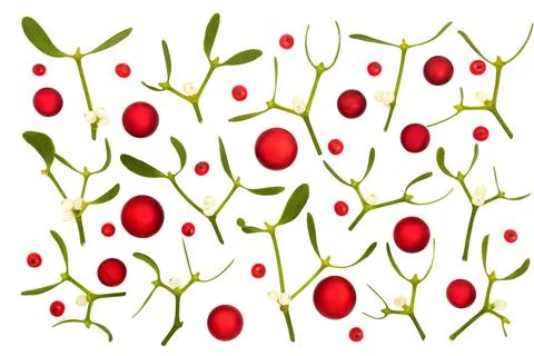 Christmas Mistletoe Holly Berries and Red Baubles Stock Photos
