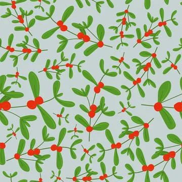 Christmas mistletoe seamless pattern. Trendy vector hand drawn floral illustr Stock Illustration