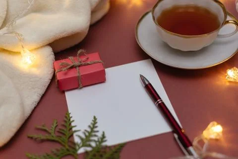 Christmas Mock up notebook with blank white paper sheet. Stock Photos
