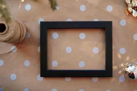 Christmas mockup frame on basic classic pattern. Festive aesthetic decorations Stock Photos
