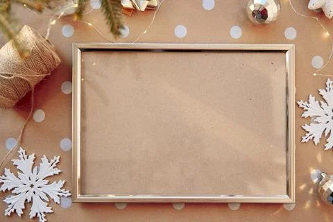 Christmas mockup frame on basic classic pattern. Festive aesthetic decorations Stock Photos