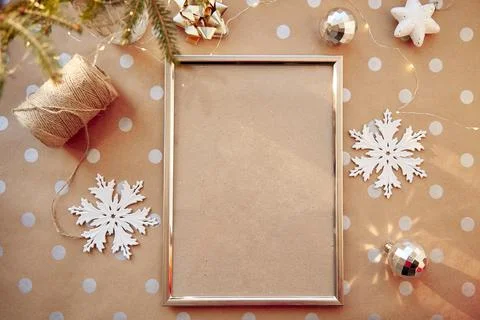 Christmas mockup frame on classic basic pattern. Festive aesthetic decorations Stock Photos
