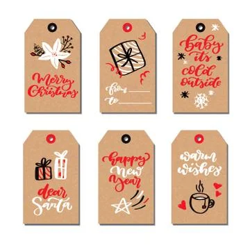 Christmas modern gift tags set with hand drawn doodles and lettering. Vector Stock Illustration