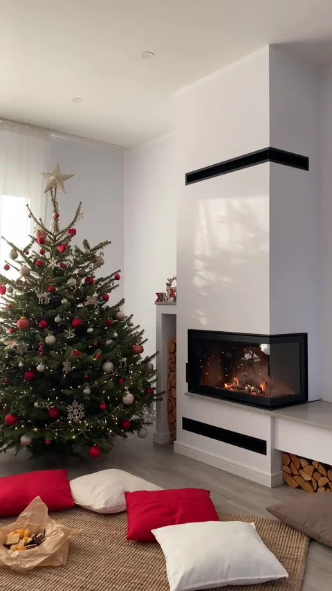Christmas modern home interior during daytime with fireplace Stock Footage 277686184
