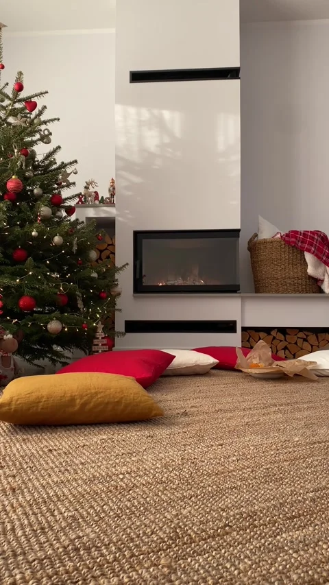 Christmas modern home interior during daytime with fireplace Stock Footage 277686199