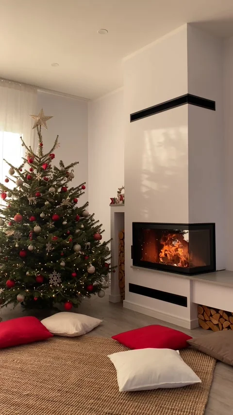 Christmas modern home interior during daytime with fireplace Stock Footage 277686306