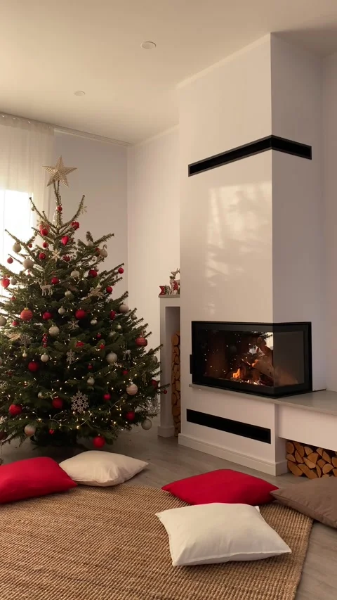Christmas modern home interior during daytime with fireplace Stock Footage 277686383