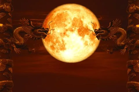 Christmas moon back between two pillars of dragon night red sky Stock Photos
