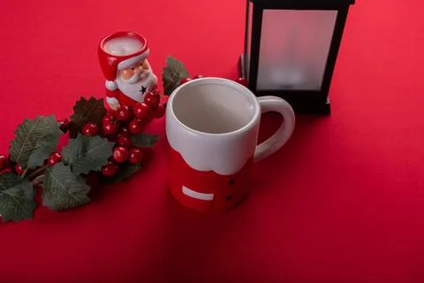 Christmas mug on red background Stock Photos