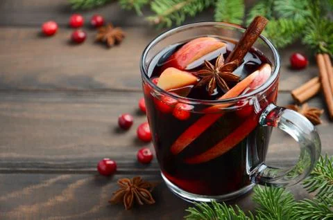 Christmas Mulled Wine with Apple and Cranberries.  Stock Photos