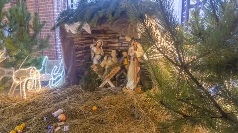 Christmas nativity scene with baby Jesus, Mary and Joseph in the manger with  Stock Photos