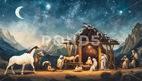 Christmas Nativity Scene Of Born Child Baby Jesus Christ Illustration ...