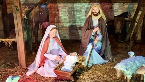 Christmas Nativity Scene Featuring Mary Joseph and Baby Jesus Stock Footage 340601780