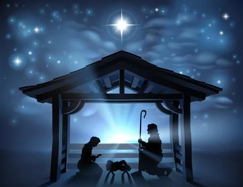 Christmas Nativity Scene Jesus Manger Silhouette Stock Illustration