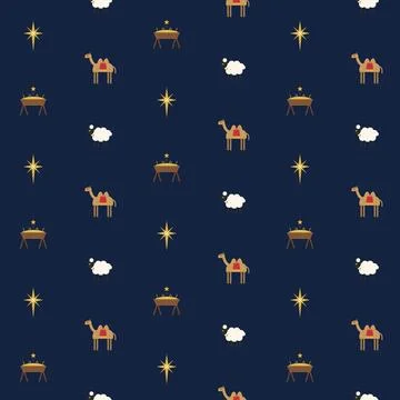 Christmas nativity scene seamless pattern with camels, sheep, mangers and Stock Illustration