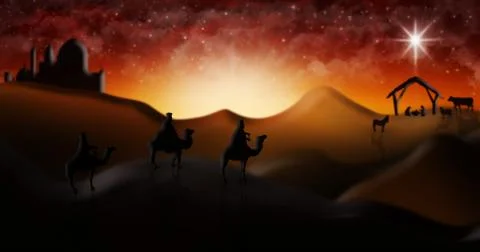 Christmas Nativity Scene Of Three Wise Men Magi Going To Meet Baby Jesus Stock Illustration