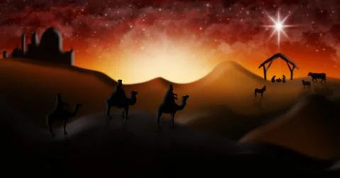 Christmas Nativity Scene Of Three Wise Men Magi Going To Meet Baby Jesus Stock Illustration