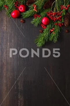 Christmas natural decor background, flat lay Stock Photos
