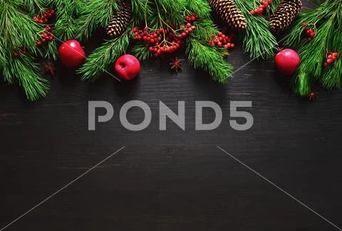 Christmas natural decor background, flat lay Stock Photos