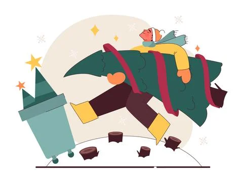 Christmas' negative impact on environment. Man throwing away a Christmas Stock Illustration