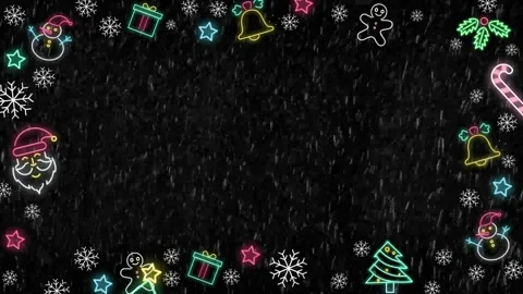 Christmas neon lights border with snowfall effect and festive icons on black 스톡 동영상 343841492