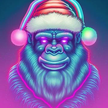 Christmas neon party poster with Gorilla Santa Claus. 3D illustration Stock Illustration