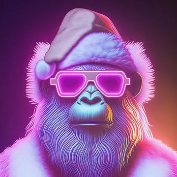 Christmas neon party poster with Gorilla Santa Claus. Generative AI. Not based Stock Illustration