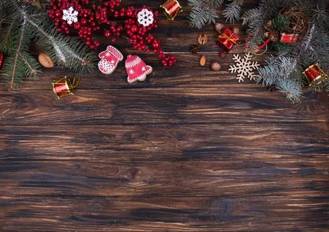 Christmas New Year background with gingerbread cookies. Top view. Copy space. Stock Photos