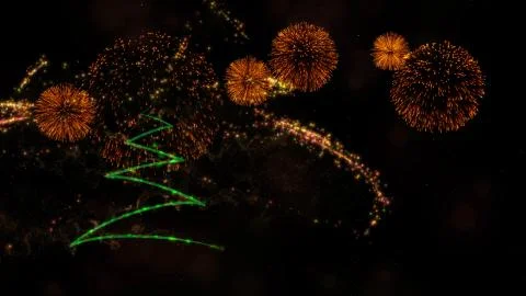 Christmas &amp; New year background theme contains pine tree, fireworks and parti Stock Illustration