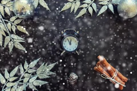 Christmas New Year Composition frame made of winter objects silver branch orn Stock Photos