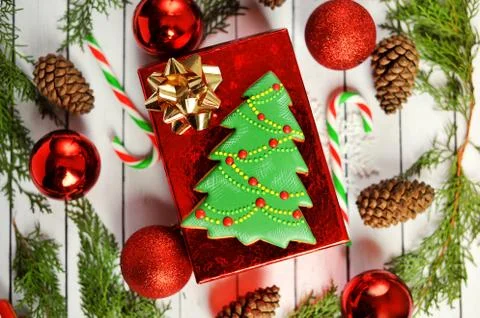 Christmas, New Year Composition with Gingerbread Fir Tree, Pine cones. Shiny Stock Photos