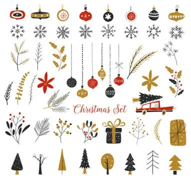 Christmas, New Year design elements. Hand drawn isolated on white background set Stock Illustration