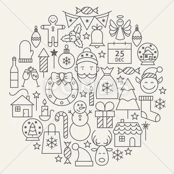 Christmas New Year Holiday Line Icons Set Circular Shaped Stock Illustration
