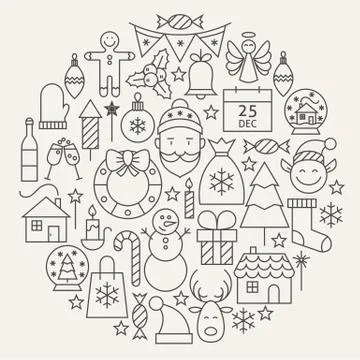 Christmas New Year Holiday Line Icons Set Circular Shaped Stock Illustration