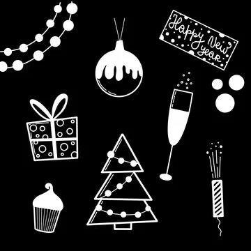 Christmas, New Year illustration set. Christmas tree, gifts. Doodle set on bl Stock Illustration