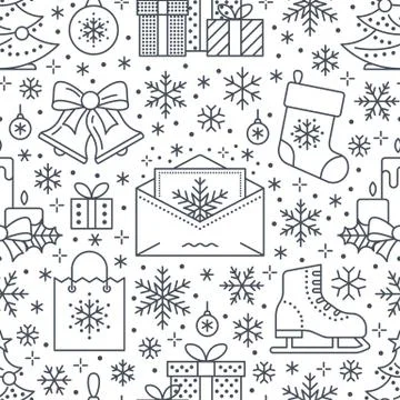 Christmas, new year seamless pattern, line illustration. Vector icons of winter Stock-Illustration