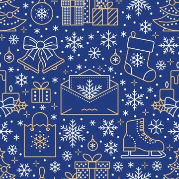 Christmas, new year seamless pattern, line illustration. Vector icons of winter Stock Illustration