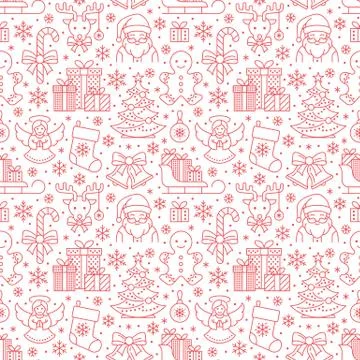 Christmas, new year seamless pattern, line illustration. Vector icons of winter Stock Illustration