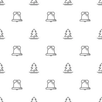 Christmas New Year seamless pattern with christmas tree, bell . Holiday backg Stock Illustration
