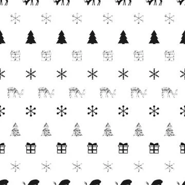 Christmas New Year seamless pattern with snowflakes christmas tree deer. Holi Stock Illustration
