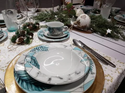 Christmas, new year, table setting Stock Photos