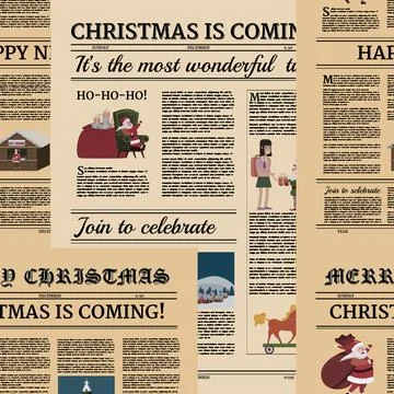 Christmas newspaper Seamless background pattern. Old paper retro style. Vector Stock Illustration