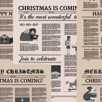 Christmas newspaper Seamless background pattern. Old paper retro style. Vector Stock Illustration