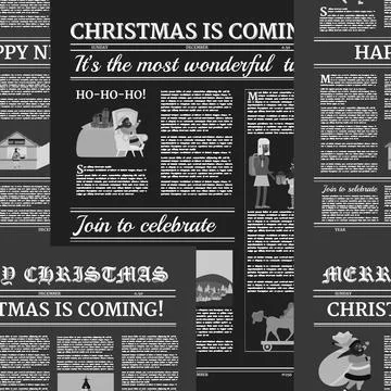 Christmas newspaper Seamless pattern black background. Old paper retro style Stock Illustration