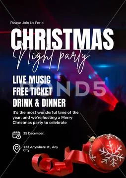 Christmas night party invitation with festive holiday details PSD Template