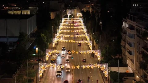 Christmas Night Pull-Back Above Vasilisis Sofias with Acropolis Reveal Stock Footage 325181745
