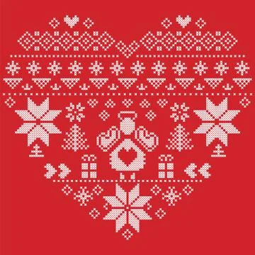 Christmas Nordic pattern in hearts shape with an angel on red background Stock Illustration