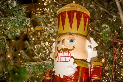 Christmas nutcracker with Christmas tree in background Stock Photos
