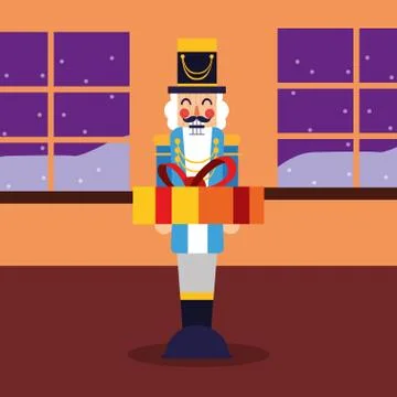 Christmas nutcracker holding gift box Illustrazione stock