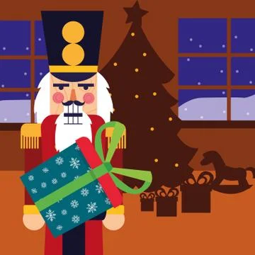 Christmas nutcracker holding gift box with tree イラスト素材